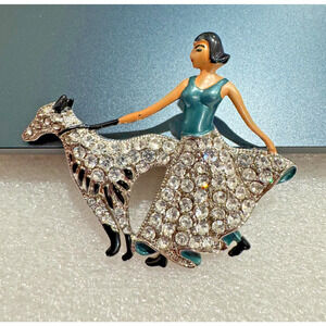 Vintage Nancy Nelson Flamenco Dancer w Dog Dancing Brooch Rhinestone Enamel